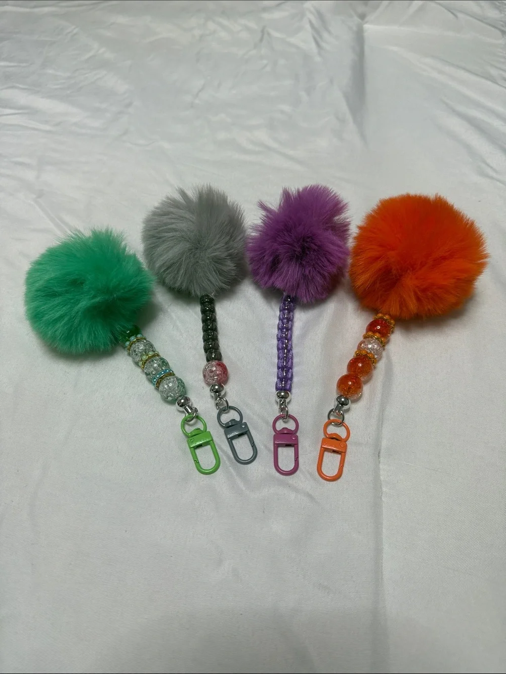 Sets of 4 Pom-Pom Keychain Clip - Green, Gray, Purple, Orange